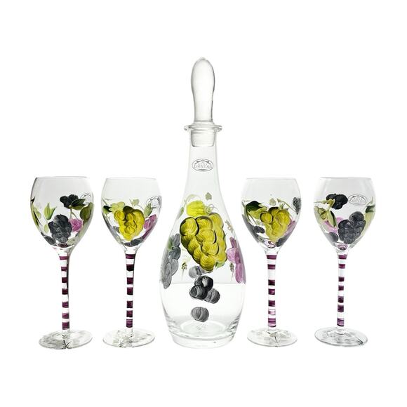 Home Essentials “Grape” 5-Piece Handpainted Glass Decanter & Wine Glass Set - Picture 1 of 16